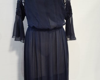 1910's Midnight Blue Silk Chiffon Evening Dress with Beading