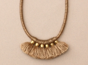 Tassel fringe necklace gold brown with brass, fabric tassel statement rope necklace brown gold, boho tassel fringe necklace gold brown