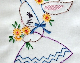 Girl Bunny, baby, kids, Easter, Machine Embroidery Design 4x4 hoop, vintage colorwork linework, quick stitch, baby, INSTANT DOWNLOAD