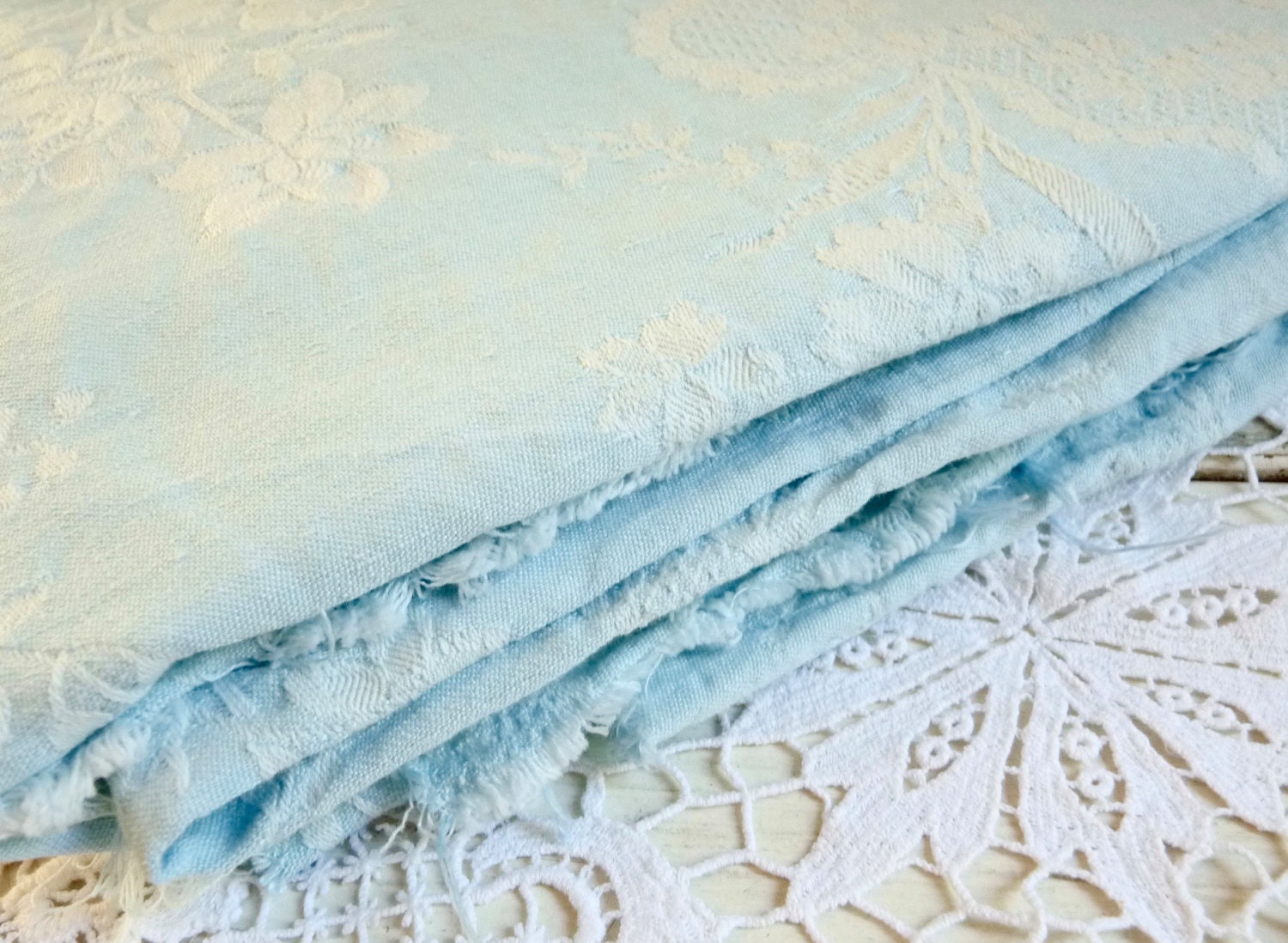 Vintage FRENCH DAMASK TICKING Sky Blue Fabric with a White