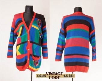Bright Colorful Slouchy Cardigan / Funky Clothing / Oversize Funny Hipster Cardigan Sweater / extra large plus oversize