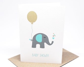 Baby Shower Card - Boy - Blue and Grey Elephant with Tan Balloon - BBYSHW020 / Expectant Mother Baby Card