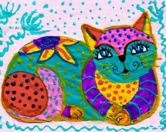Cat Print, Cat Decor, Girl's Bedroom,Blue And Pink, Nursery Decor, Cat Art, Colorful Cat, Whimsical Animal Art, Purrr by Paula DiLeo_41416