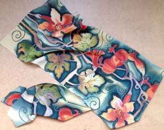 Dark green and red herbal motive silk scarf. Hand painted silk scarf in green and red colors. Ready to ship.