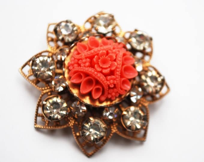 Celluloid Flower brooch and matching earrings set - Coral molded CelluloidPlastic - Rhinestone - Gold Filigree -