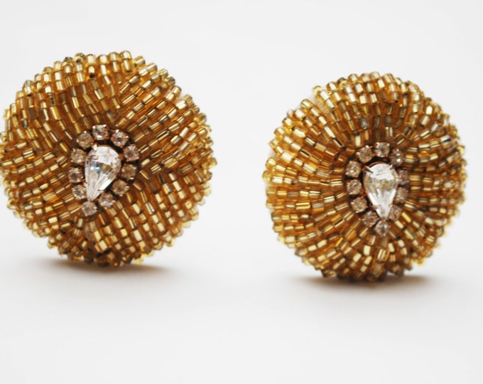 Woven Bead Rhinestone Earrings - Mid Century - Round - Yellow seed bead - Clip on earrings