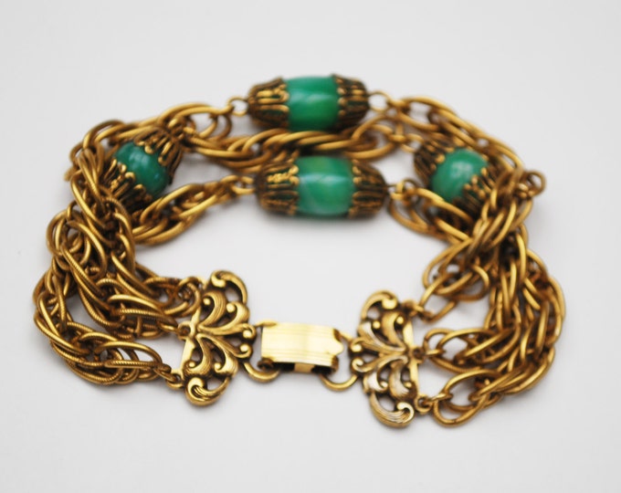 Multi chain Bracelet _ Green Art glass - Peking glass - Vintage Triple gold chain