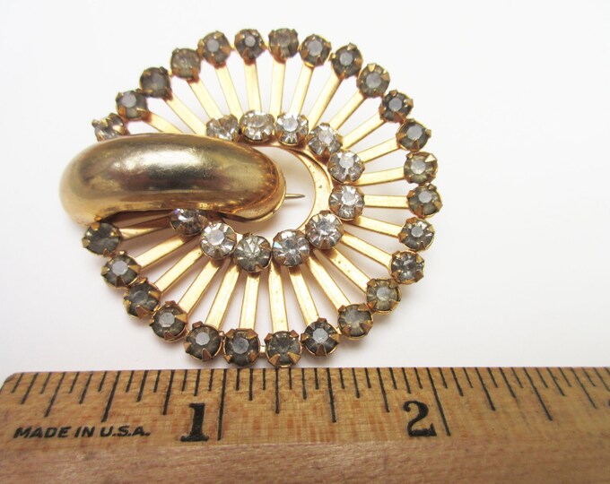 Rhinestone Brooch Round gold tone - Mid century - Atomic Modern pin