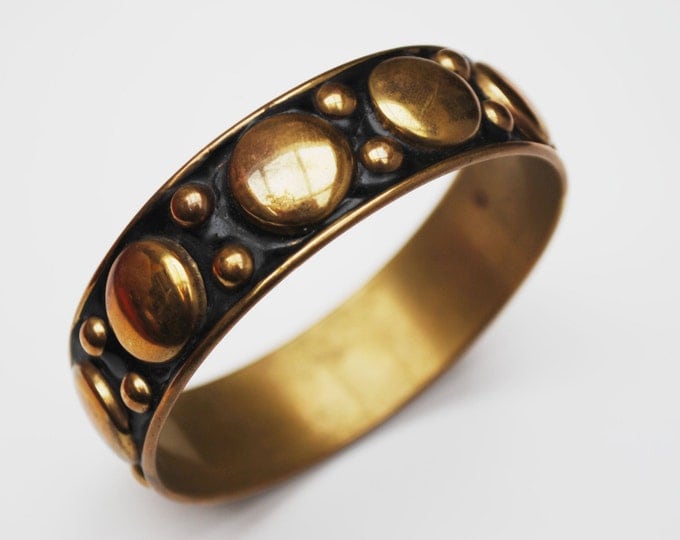 Boho Brass bangle - Gold Polka dot - black Enameling bracelet