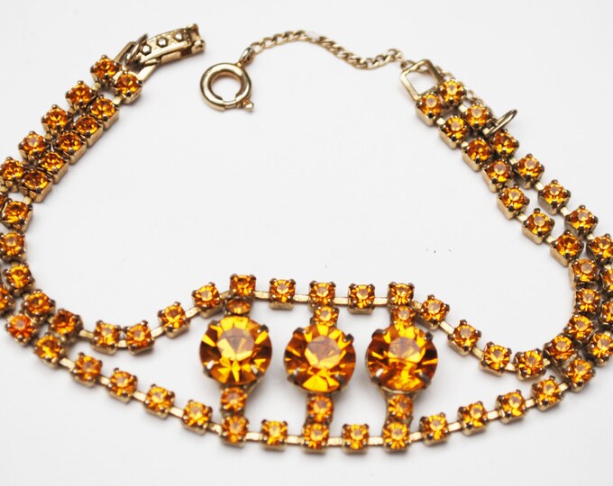 Rhinestone Bracelet Amber Orange rhinestones safety chain Mid century