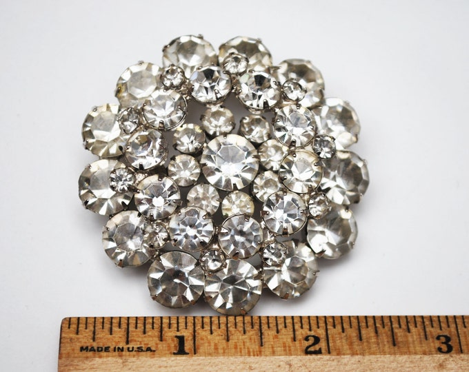 Juliana Statement - Brooch Large Atomic Pin - Clear Ice Rhinestone - domed layered Mid Century Snow flake 2 1/8 inch