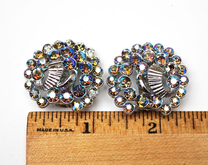 Rhinestone Earrings - Signed Claudette - Aurora Borealis - Mid Century - Clip On Earrings