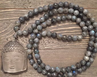 Labradorite beaded necklace with crystal quartz buddha pendant; labradorite; lucky buddha; long necklace; crystal buddha; buddha pendant