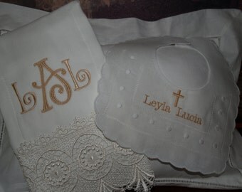 Personalized Monogram Exquisite Heriloom Lace Burp Cloth and Swiss Dot Bib Great For Christening, and Baptismals