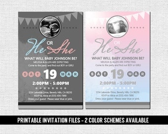GENDER REVEAL INVITATION Baby Shower Party (print your own) Personalized Printable Files - Grey Pink Blue Ultrasound