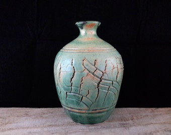 ChingWenArts Studio Pottery Art Stoneware Vase, Patina Green, #E043