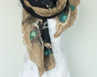 Wearable art scarf - Black brown wrap - Felted autumn scarf