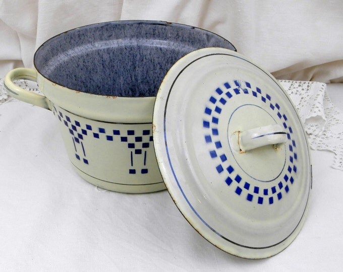 Antique French Lustucru Blue and Pale Yellow Enamelware Lidded Cooking Pot / Pan, Enamel, Cottage Kitchen, Farm Country Decor Rustic Chic Antique French Lustucru Blue and Pale Yellow Enamelware Lidded Cooking Pot / Pan, Enamel, Cottage Kitchen, Farm Country Decor Rustic Chic
