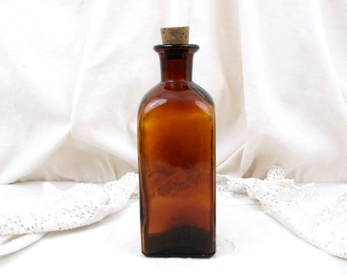 Large Square Antique French Amber Apothecary Glass Bottle with a Cork Stopper, Country Decor, Chemist, Pharmacy, Brocante, Vintage Style
