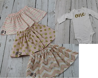 1st Birthday Girl Outfit Baby Girl 1st Birthday Outfit Gold Glitter Ones Long Sleeved Pink Gold Polka Dot Skirt Girls 2nd Birthday Outfit