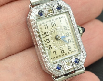 14 K Karat Solid Gold Art Deco Diamond Sapphire Wrist Watch Ladies Mechanical Wind Up Benrus ~ Lot 231