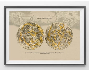 Astronomy Print Poster Lunar maps Atlas Coelestis Tabula Selenographica Vintage Image to Frame
