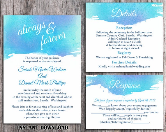 DIY Watercolor Wedding Invitation Template Set Editable Word File Download Printable Invitation Blue Invitation Purple Watercolor Invitation