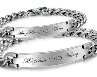 Personalized Silver Stainless Steel His & Hers Curb Link ID Bracelet Set Custom Engraved Free, Couple's Bracelets