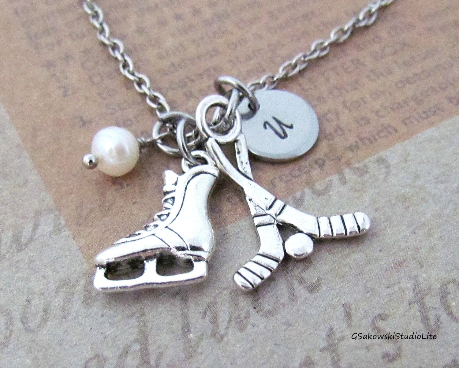 Ice Hockey Necklace Personalized Hand Stamped Initial
