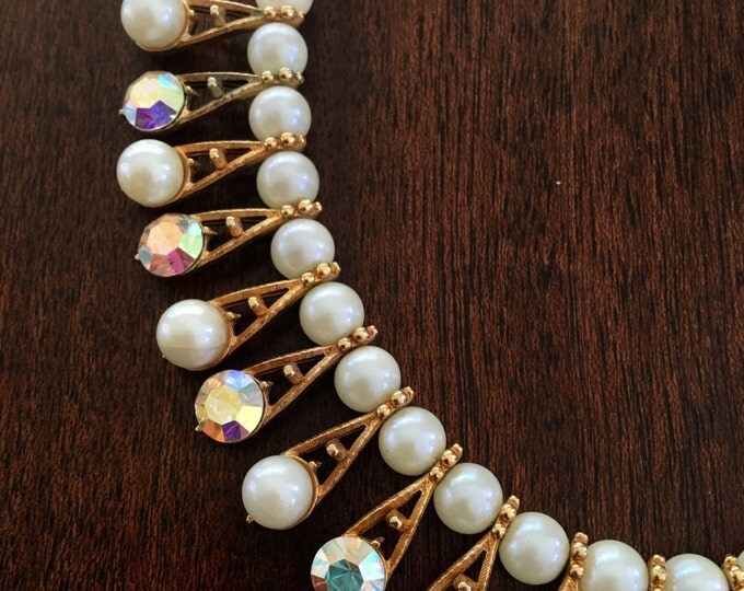 Vintage Choker Necklace, Cleopatra Style, Pearl and Aurora Borealis Rhinestone, 1950s Choker