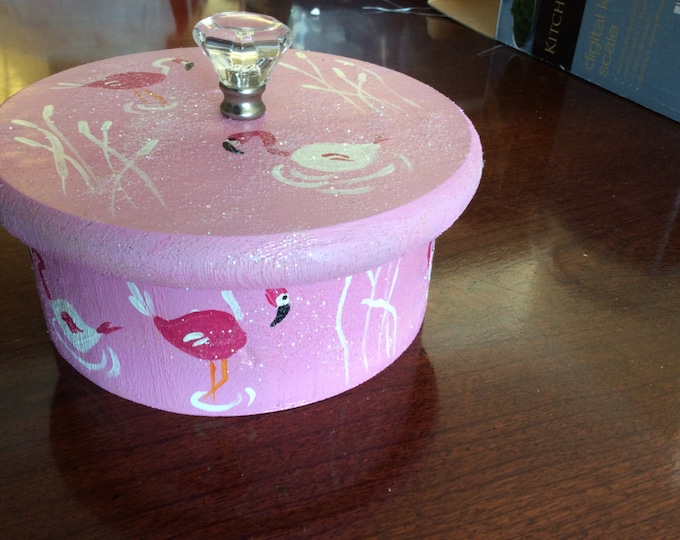 Round Wooden Box with Lid - Painted Flamingoes on Top and Sides