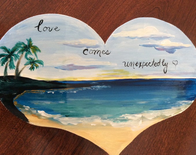 Solid thick wood heart with beach scene - love comes unexpectedly