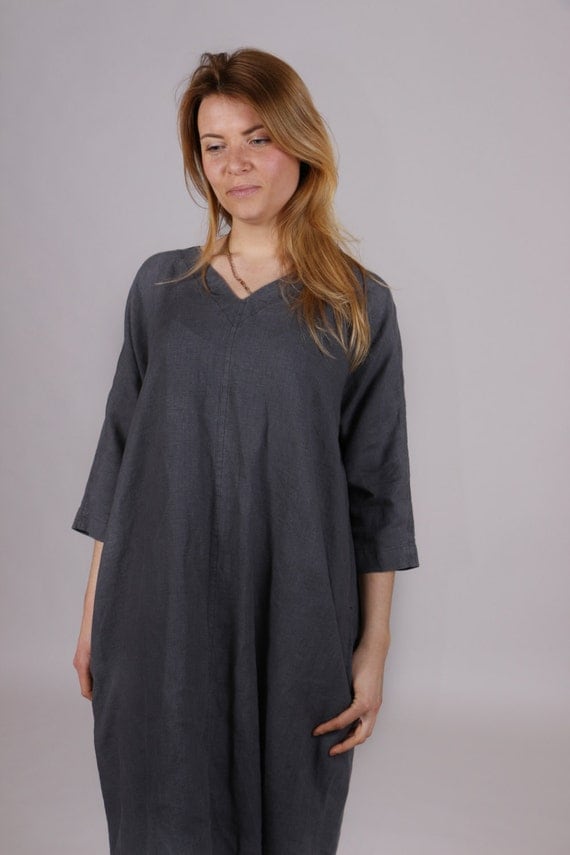 Dark slate grey color dress. Linen dress. by Maliposhaclothes