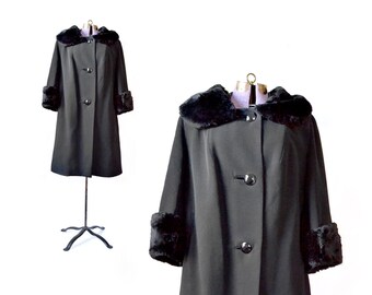 Black 1950s coat black 50s coat black vintage coat black wool coat women's coat fur collar coat large winter coat, swing coat, trapeze coat