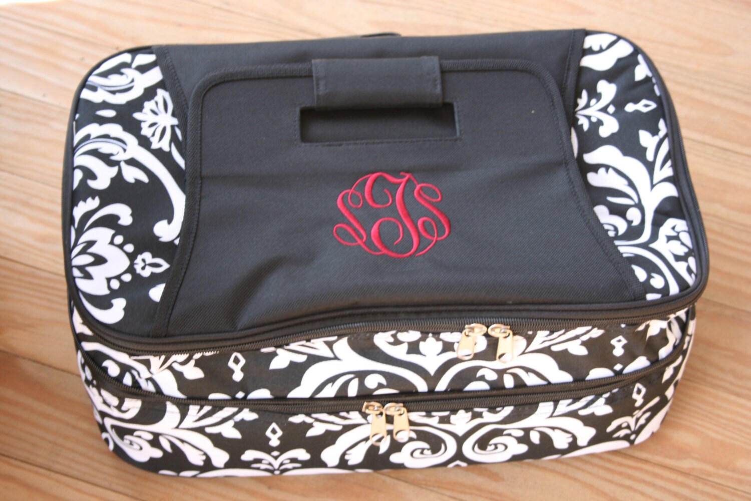 Personalized Casserole Carrier Black Damask Custom Monogrammed