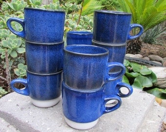 Edith Heath Opal Blue rim line stack mugs designed in the 1960s
