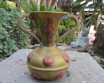 Vintage Brass and copper Two Handeled Vase Vessel bohemian Moroccan