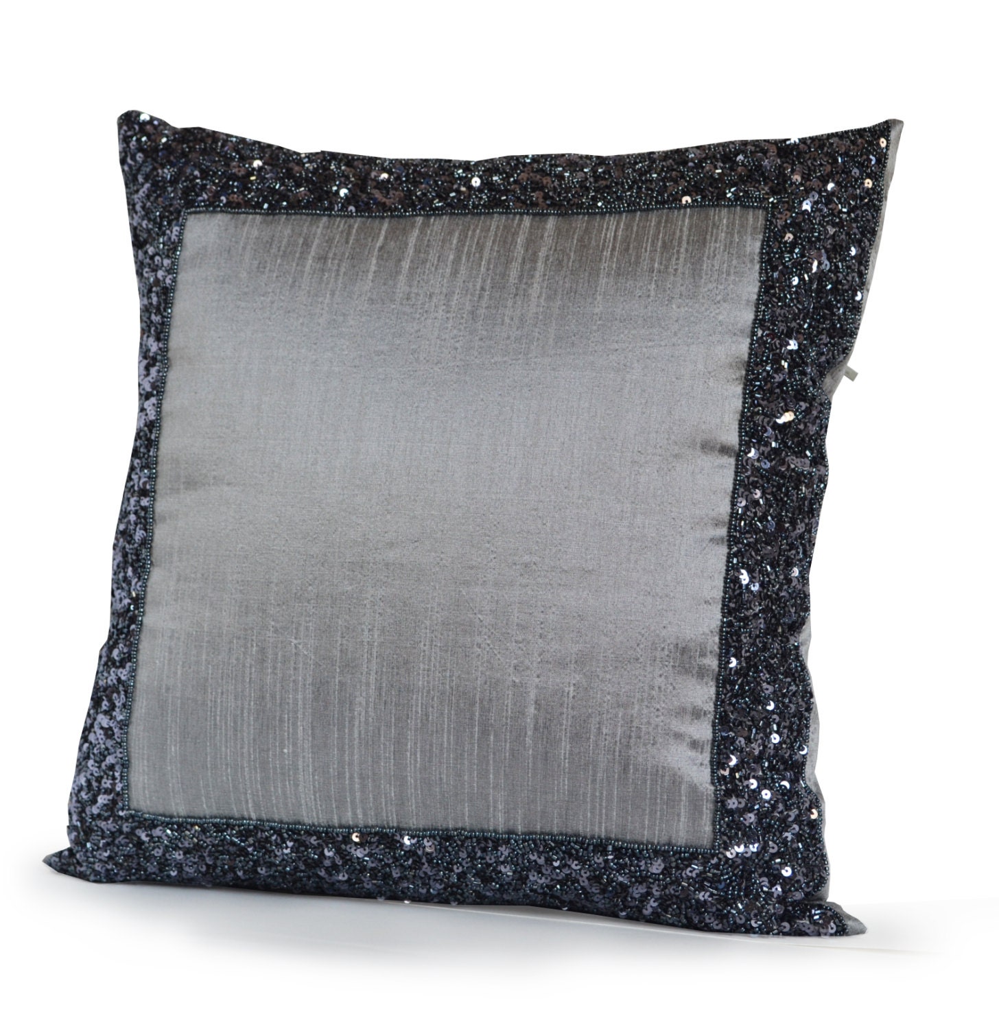 Decorative Pillow Case in Grey Art Silk with Metallic Accents