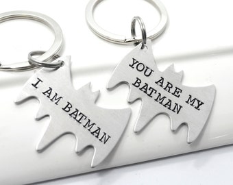 Personalized Hand-Stamped Couple Keychain Set | Batman Keychain | Best Friend Keychain Set