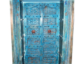 Mogulinterior Bookcase Antique Blue Haveli Doors India Hand Carved Reclaimed Teak BOOKSHELF with original brass & iron work