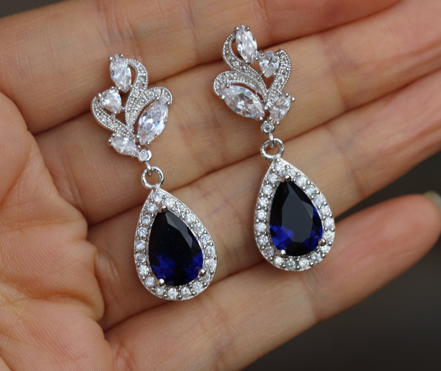 cz earring blue bridal earring sapphire earring dark blue