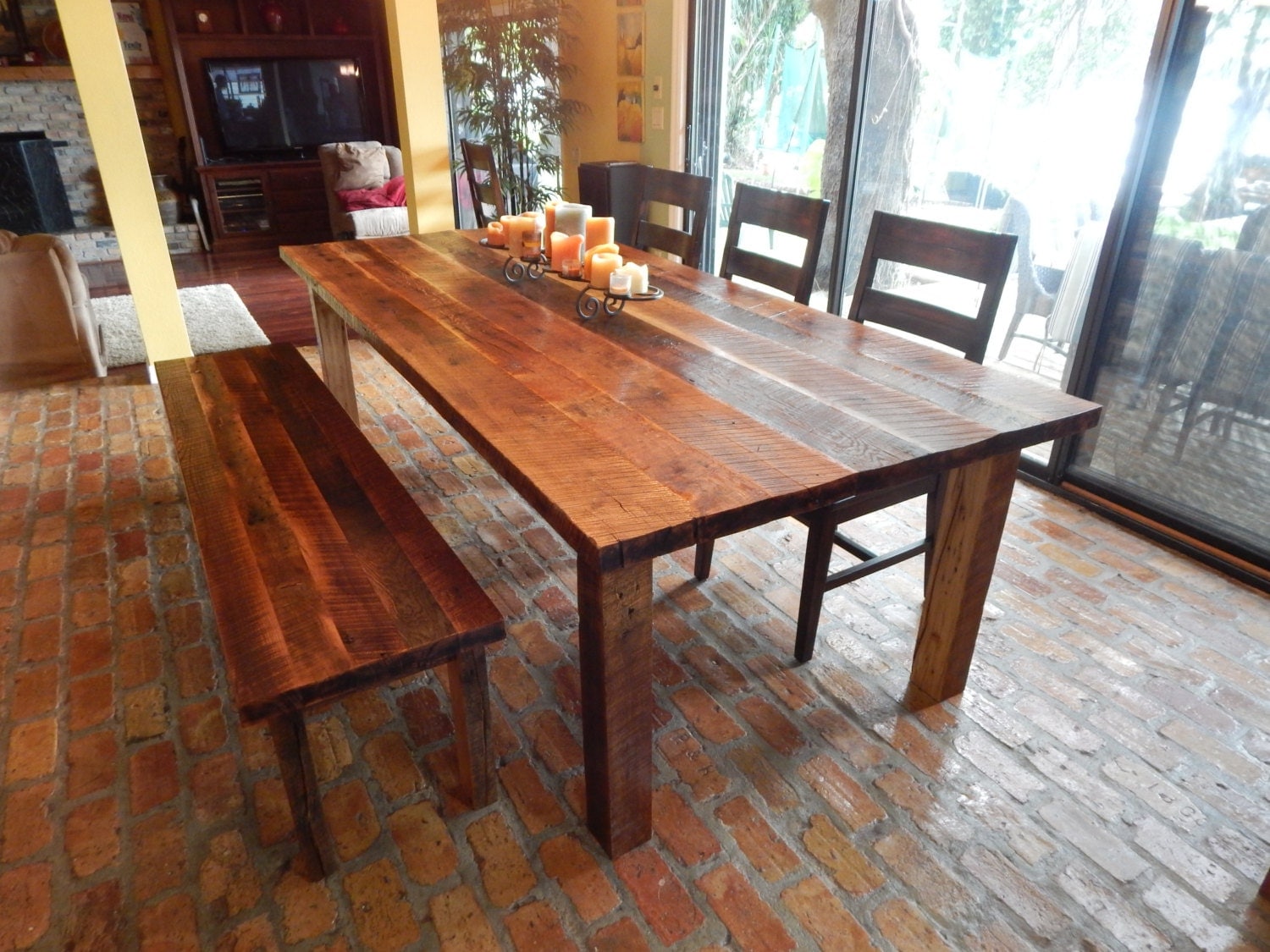 Reclaimed Wood Farmhouse Dining Table with Matching Bench