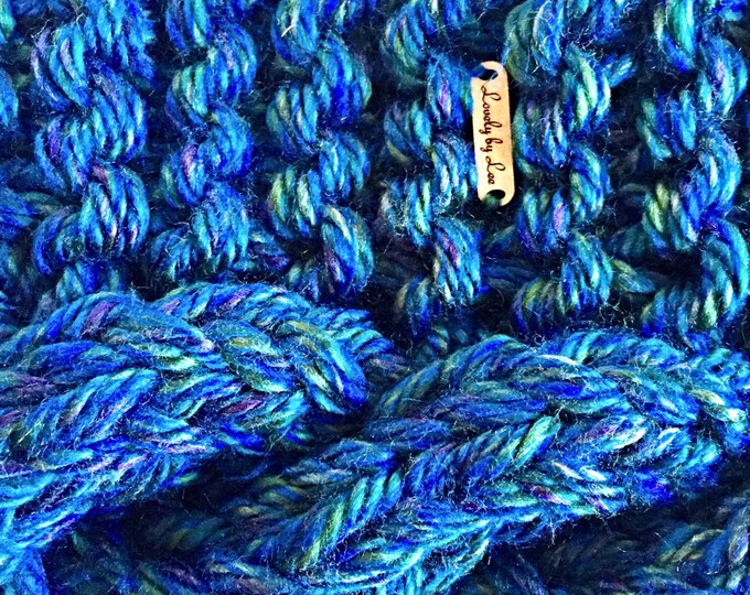 SALE! Peacock Blue Chunky Cable Knit Cowl Scarf, Oversize Winter Cowl in Blue, Purple, Green and Gold