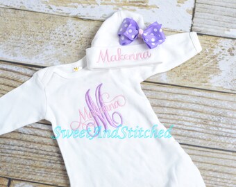 Personalized newborn gown pink and purple, monogrammed baby girl outfit! baby girl take home outfit, pink and purple newborn outfit