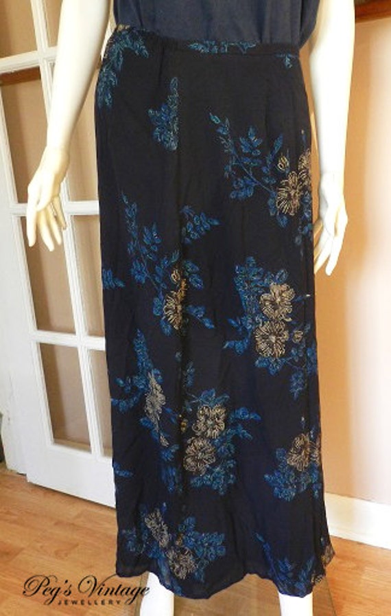 Silk Floral Maxi Skirt Long Fitted Slim Navy Blue Silk Skirt