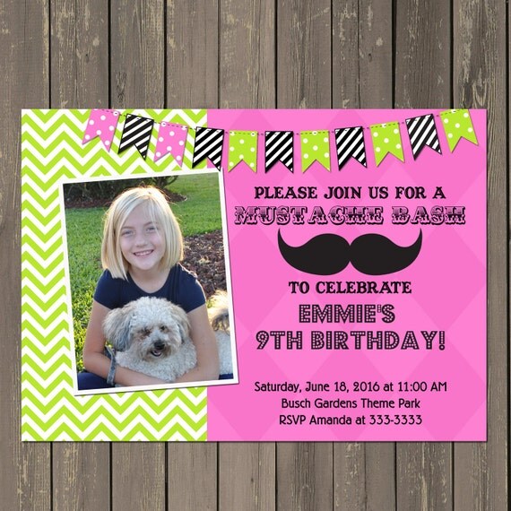 Girl Mustache Birthday Party Invitation, Pink and Green Mustache Bash Invitation, Printable or Printed Il_570xn