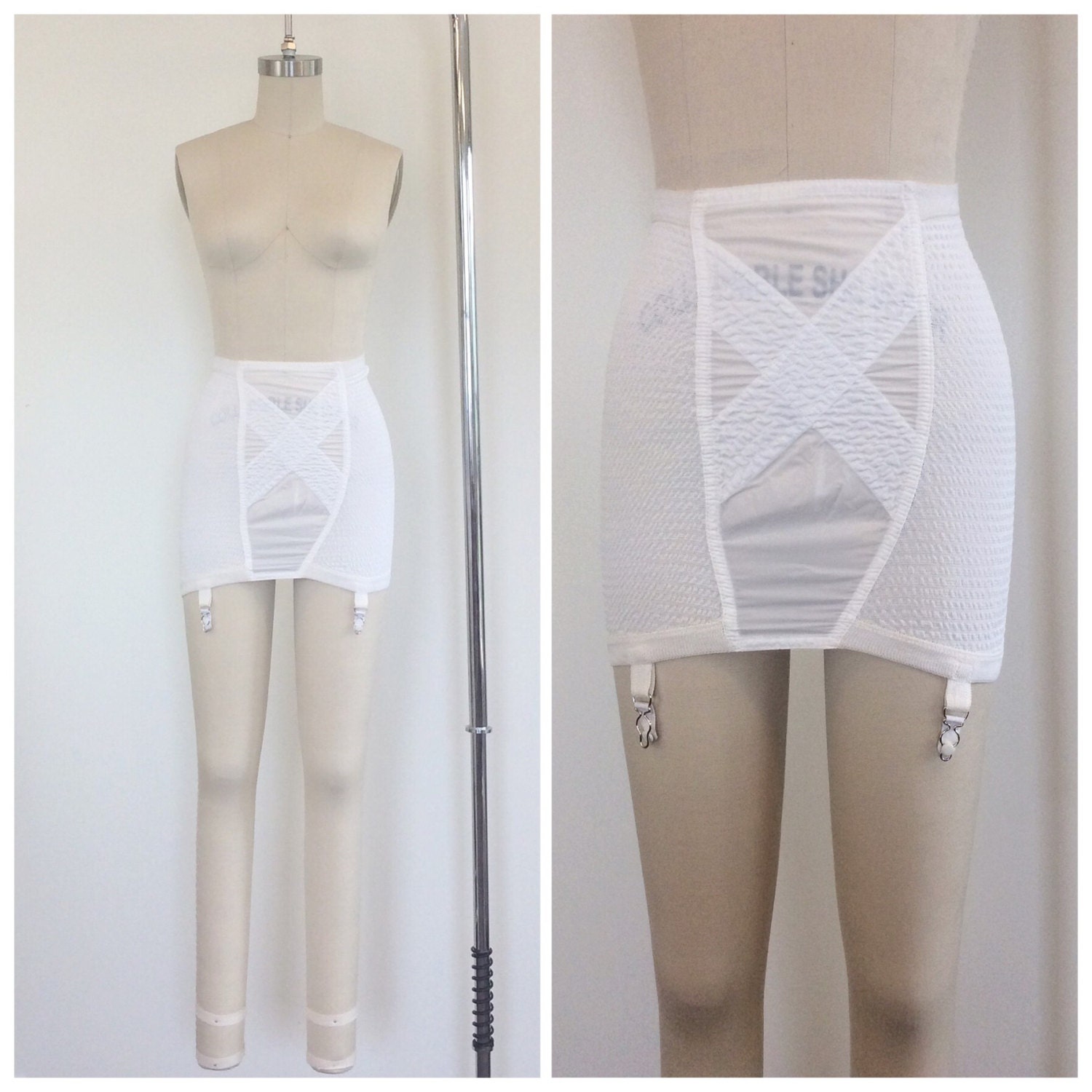 50s White Ruched Spandex Girdle With Hold Ups / 1950s Vintage