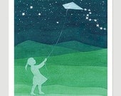 Giclee Print watercolor painting girl kite green starry night nursery art wall decor illustration by VApinx Giclee Print watercolor painting girl kite green starry night nursery art wall decor illustration by VApinx