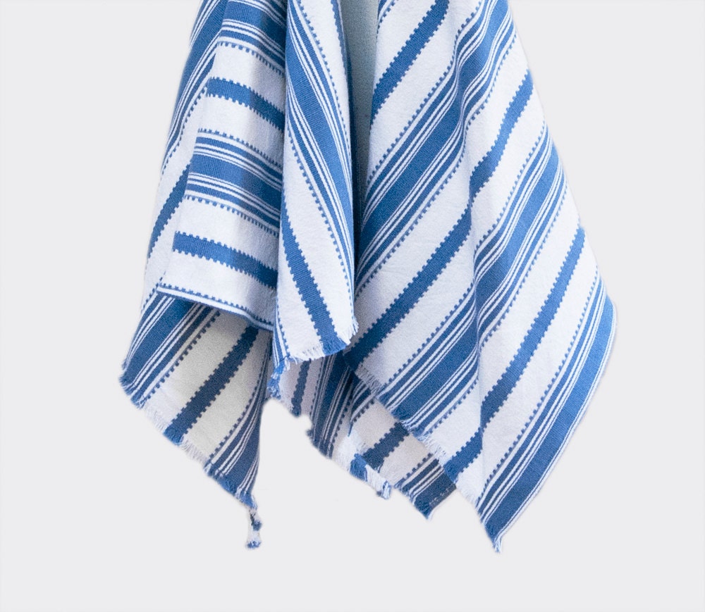 Blue and white striped homespun hand towel with fringe.kitchen