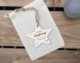 Christening Gift // On your Christening Engraved Plywood Star // Hanging Ornament